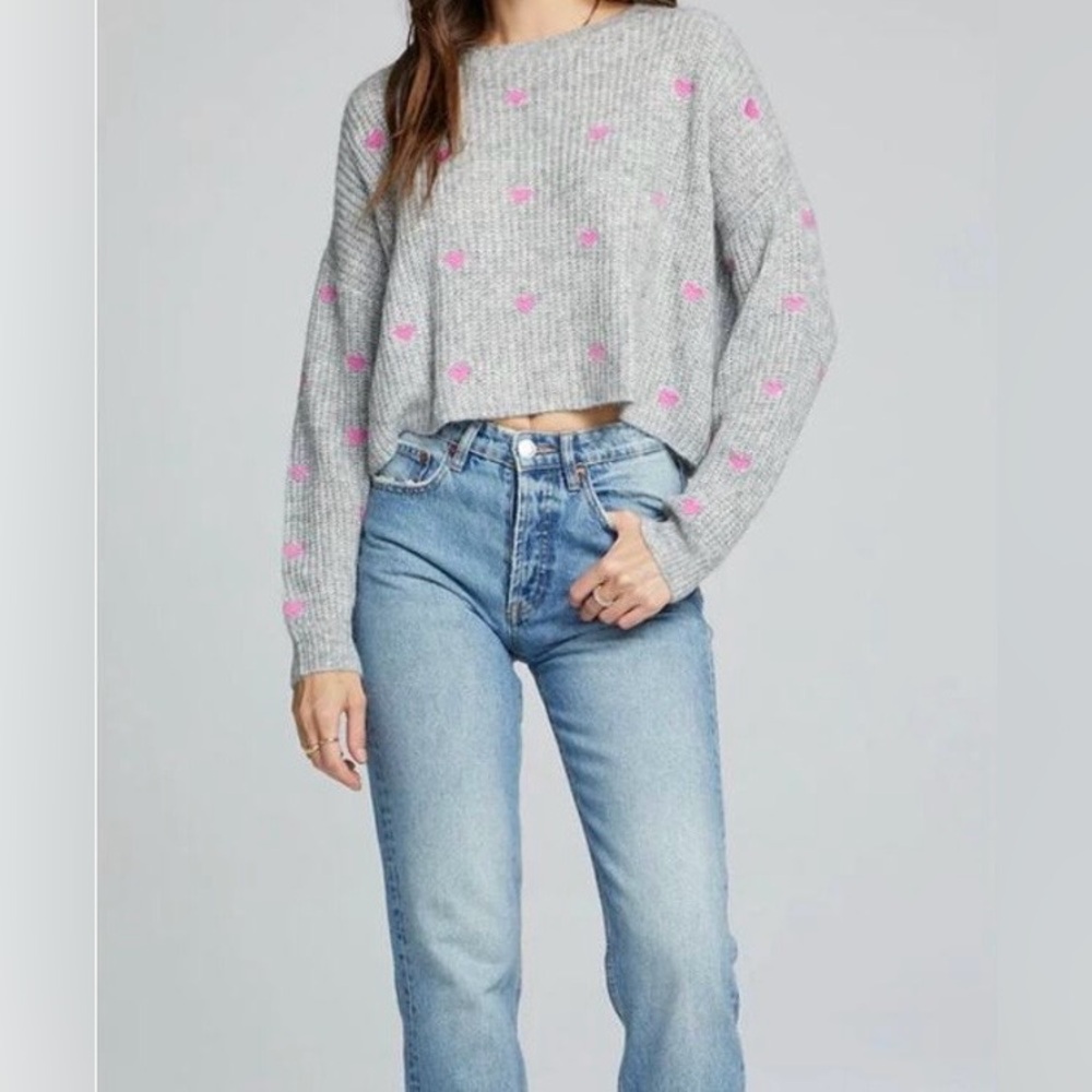 NWOT Saltwater Luxe Medium Gray Heart Embroidered boxy crop-top style sweater. - Picture 6 of 6